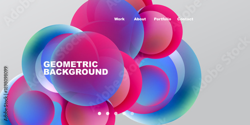 Abstract colorful shapes overlap. Gradient hues create dynamic visual effect. Text labels present work, about, portfolio, contact options.