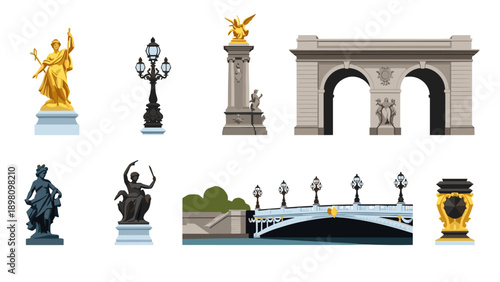 Parisian architectural landmarks illustrations with statues and bridges