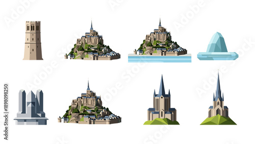 Low poly medieval castles and towers set for game design