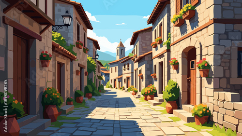 Charming mediterranean village street with sunlit stone houses and flower pots