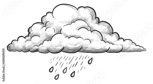 A charming hand-drawn illustration depicts a fluffy rain cloud with falling raindrops, perfect for weather forecasts, educational materials, or decorative design elements.