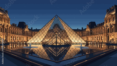 Modern architectural wonder at night: illuminated pyramid in paris courtyard