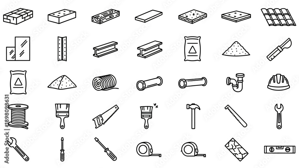 Naklejka premium Collection of Various Black and White Tools.