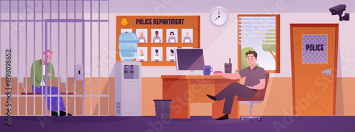 Police department office interior, police officer detained a male suspect in a cell, vector flat police station, prison
