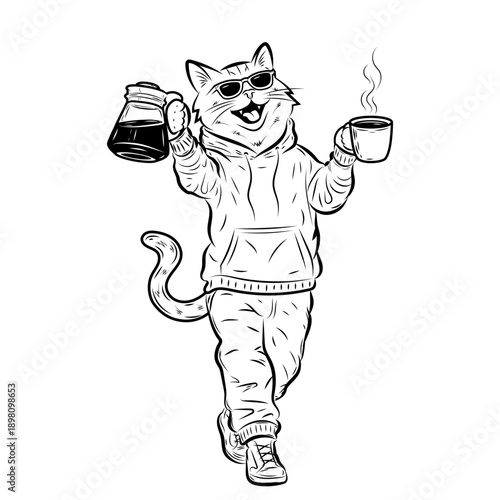 Cool Coffee Cat Holding Mug and Coffee Pot, Cozy Morning Illustration