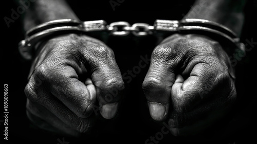 Hands in handcuffs press against iron bars in a studio setting with dark background and studio lighting, showing detail and realism in black and white tones