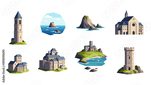 Charming islands and castles: low poly coastal architecture collection