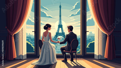 Romantic sunset dinner with eiffel tower view from elegant balcony