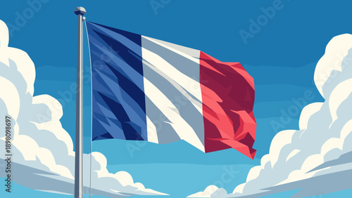 French flag waving against a clear blue sky with clouds in a geometric art style