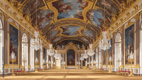 Opulent baroque palace interior with ornate frescoes and chandeliers
