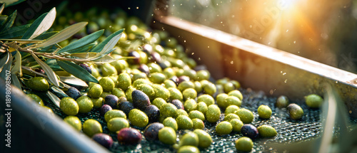 Bright sunlight shines on a modern farm where olives are poured into a roasting machine surrounded by olive trees creating a fresh atmosphere