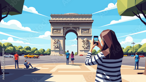 Tourist photographing the arc de triomphe on a sunny day in paris