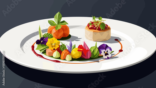 Gourmet cuisine art on plate with geometric vegetables and flowers