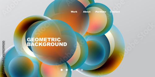 Abstract design features colorful overlapping circles. Text elements present work, about, portfolio, contact. Gradient shades dominate composition.
