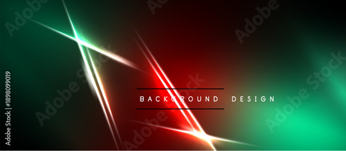 Abstract neon lines create vibrant background. Red, green hues blend into dark space. Modern design element.