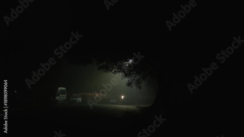 Wallpaper Mural Foggy night street with parked cars and trees, dense fog reduces visibility creating moody cinematic atmosphere of silence solitude and nighttime calm
 Torontodigital.ca