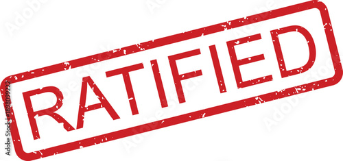 A prominent red grunge rubber stamp displays the bold word RATIFIED enclosed within a rectangular shape