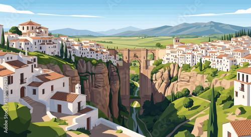 Charming spanish village with scenic bridge and mountain landscape