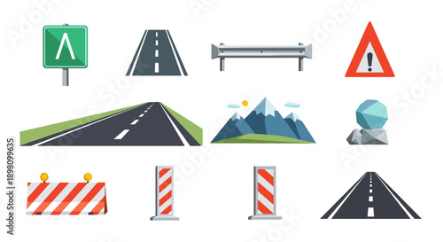 Traffic and roadway elements in flat style with mountains and signs