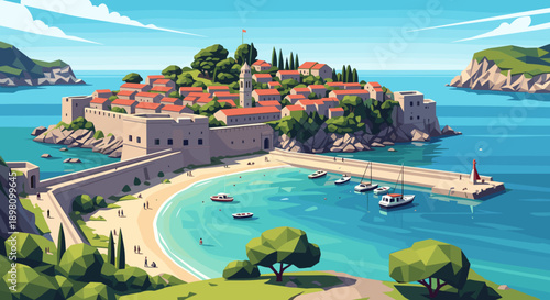 Mediterranean coastal village with boats in vibrant geometric style