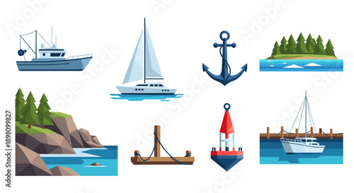Nautical and maritime icons collection featuring boats, anchor, buoys, and coastal landscapes