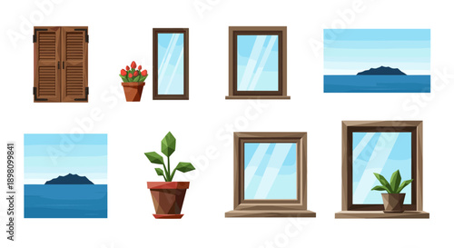 Set of windows and plants with scenic views in flat style