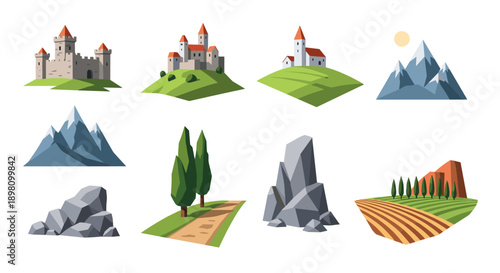 Medieval landscape collection with castles, mountains, and forests in flat style
