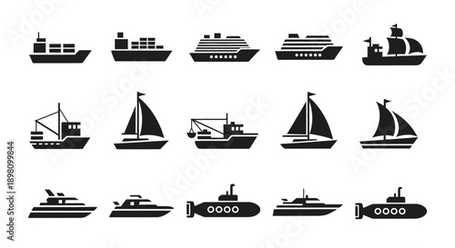 Collection of black ship and boat silhouette icons for marine.