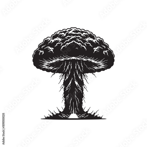 Dramatic Nuclear Explosion Silhouette Illustration Raw Power Destructive Force Atomic Blast Mushroom Cloud Black and White Symbolism Warfare Apocalypse Energy
