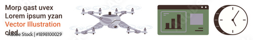 Technology innovation, time management, data analytics, UAVs, business tools, scheduling. A quadcopter, data dashboard and clock are displayed. Technology innovation and time management visual