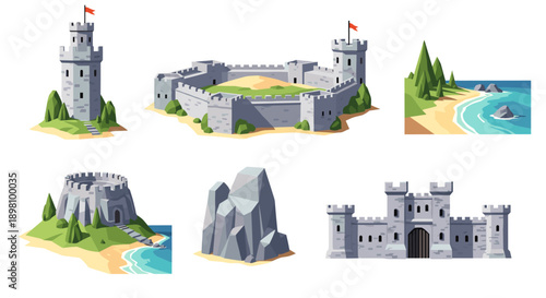 Medieval castle and coastal landscape set in vibrant cartoon style