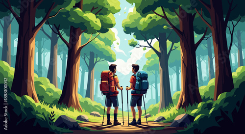 Two hikers trekking through lush forest path in vibrant summer adventure scene