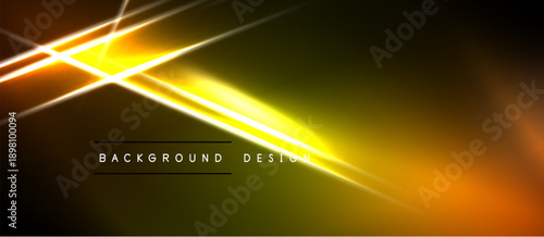 Abstract background features bright yellow lines, gradients. Dark areas contrast with luminous energy, creating modern design.