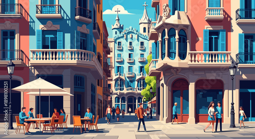 Vibrant urban scene with outdoor cafes and classic architecture in flat design