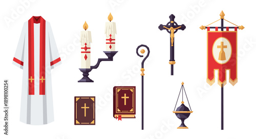 Catholic church symbols: clergy robe, candles, cross, bible, and ritual accessories