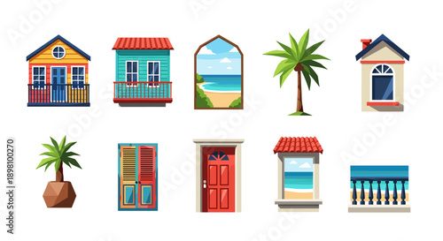 Colorful beach house and tropical elements collection