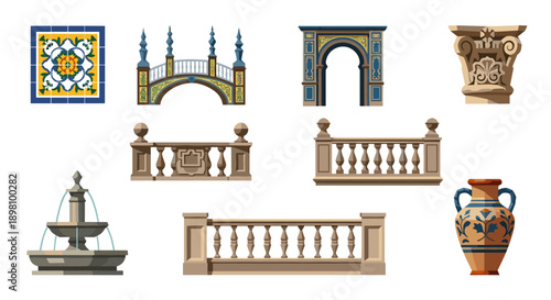 Classic architecture elements collection: bridges, arches, balustrades, fountains, and decorative vases