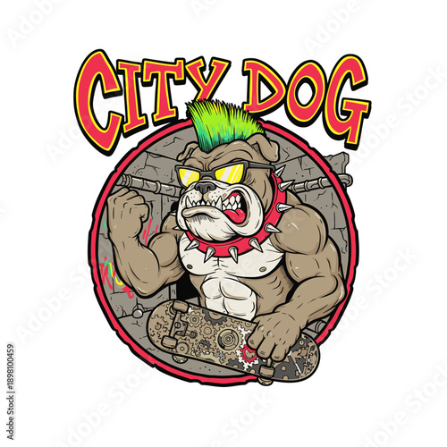 City Dog Urban Skateboarder Bulldog Gear Illustration