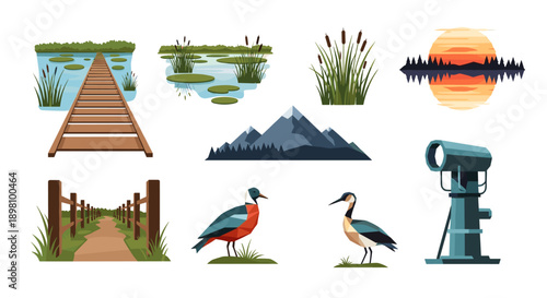 Nature exploration elements: boardwalk, wetlands, mountain, birds, sunset, telescope