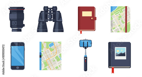 Travel essentials: flat design icons of gadgets and gear for adventures