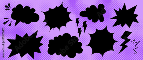 Pop art black comic speech bubbles on purple halftone backdrop. Blank dynamic text frames with impact effects, starbursts and lightning bolts icons. Editable empty bubbles for cool design