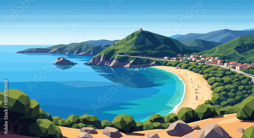 Vibrant low poly coastal landscape with hills and sandy beach