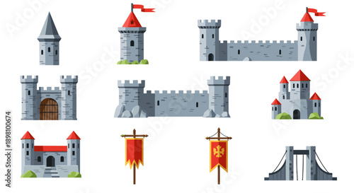 Medieval castle and fortress set with towers, walls, and banners in flat design
