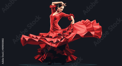 Elegant flamenco dancer in geometric red dress on dark background