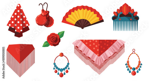 Traditional spanish accessories in vibrant red and yellow flat design