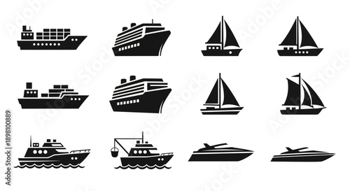 Detailed ship and yacht icons for nautical and marine design.