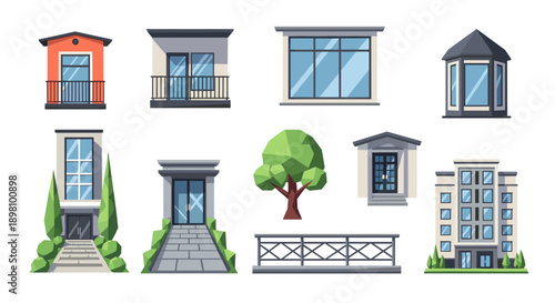 Modern building elements collection featuring windows, doors, and facade designs