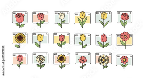 Stylized floral camera icons collection, featuring various flowers elegantly framed within a classic viewfinder, ideal for nature photography apps, garden blogs, and creative graphic design projects