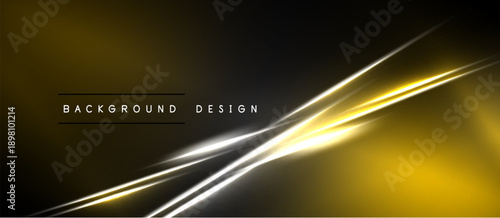 Abstract background features golden light streaks, diagonal lines. Dark shades dominate, creating modern visual effect. Text reads background design.