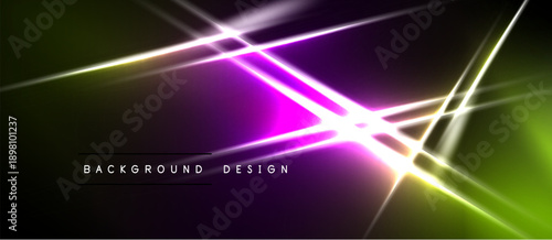 Abstract neon lines intersect over dark gradients. Vibrant purple, green hues dominate composition. Modern design element.